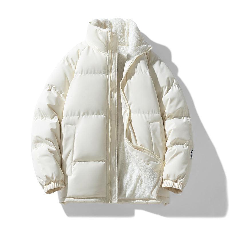 Thick puffer coat jacket in white with full-zip front and sherpa-lined collar
