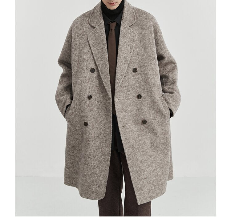 Men's mid-length double-breasted wool coat, light gray, notched lapels and button front