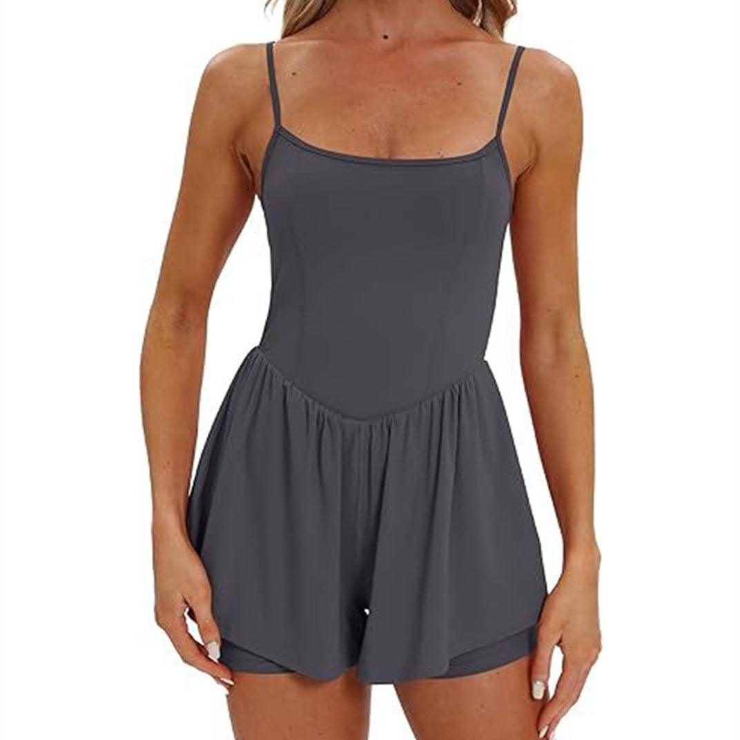 Charcoal double-lined romper with spaghetti straps and gathered waist shorts