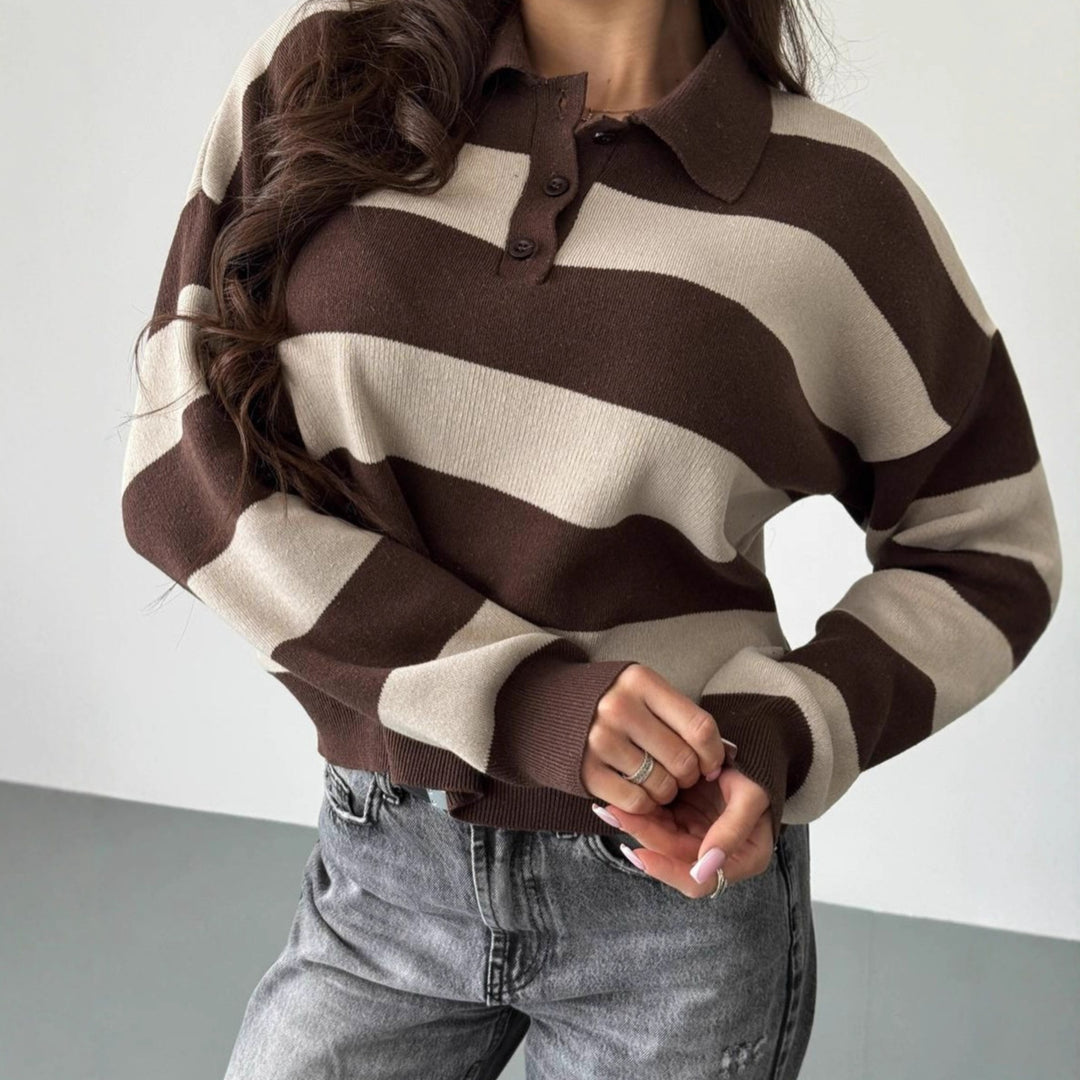 Women's Color-Block Striped Half-Zip Sweater, Apricot Coffee - product view 1