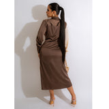 Women's Stitching Strap V-neck Long-sleeve Dress - WOMONA.COM