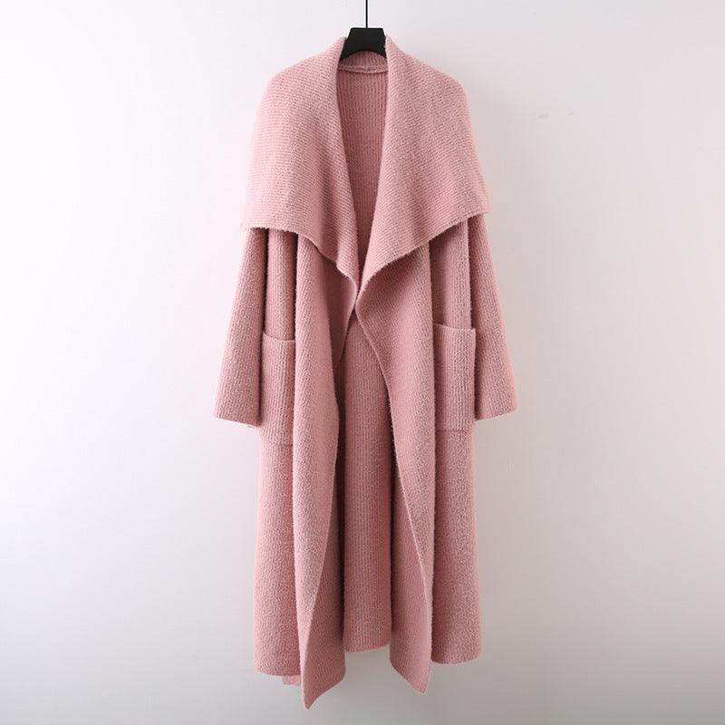 Long knitted cardigan coat, blush pink open front with shawl collar and side pockets