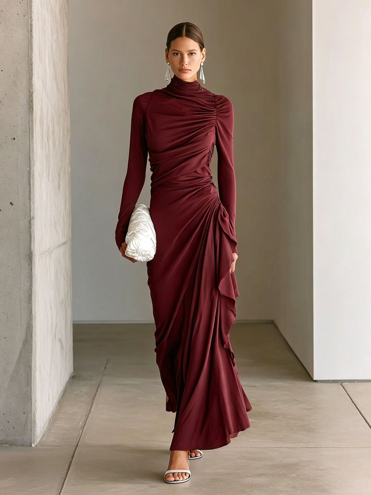 High-neck pleated slim-fit long-sleeve dress in wine red with draped side ruffle