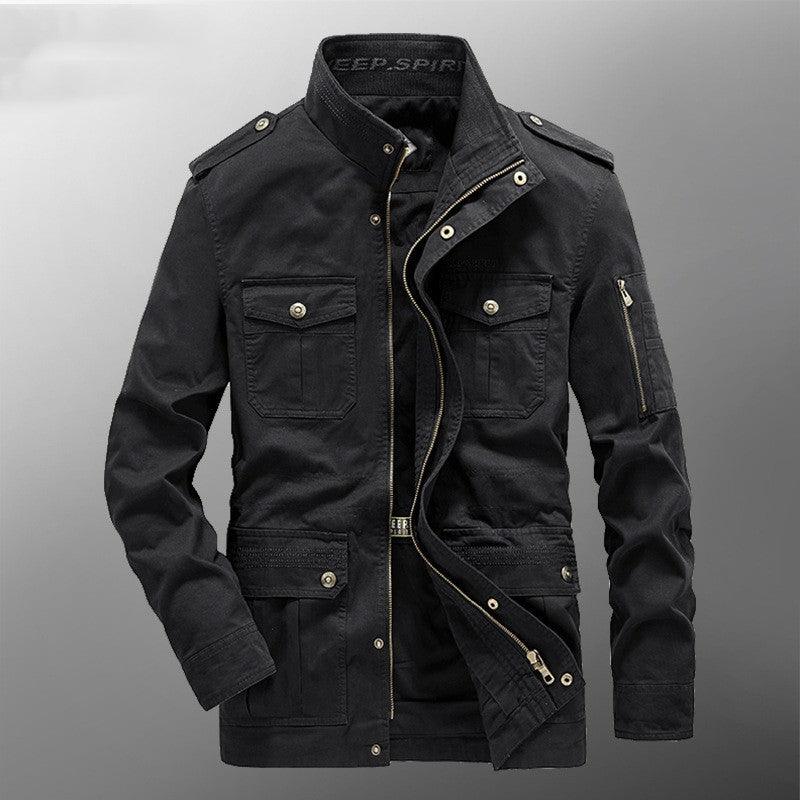 Men's cotton multi-pocket coat in black, front zip with snap-flap pockets