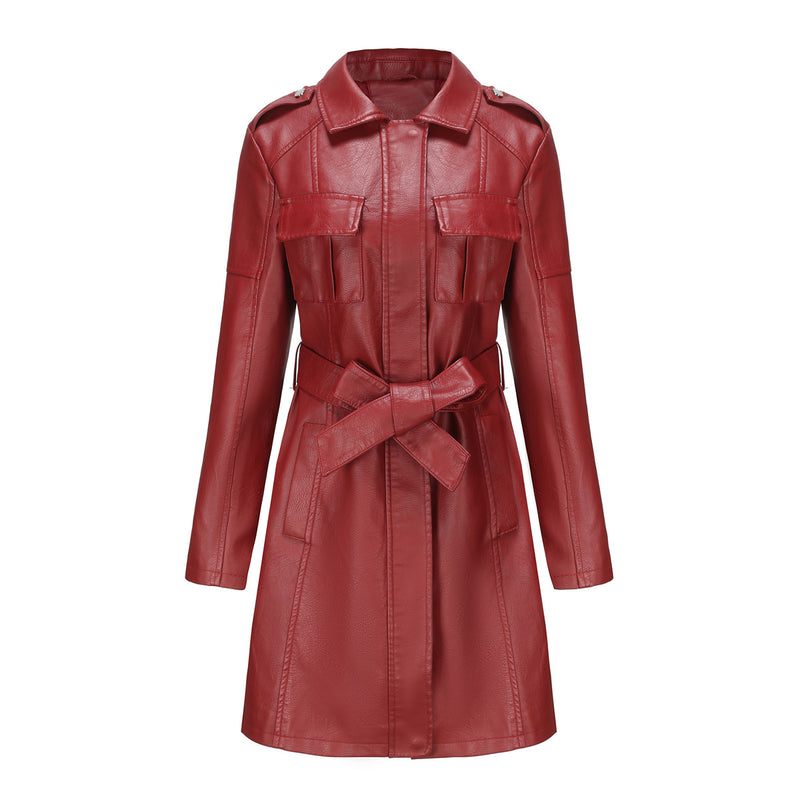 Mid-length Leather Coat With Belt Fashion - WOMONA.COM