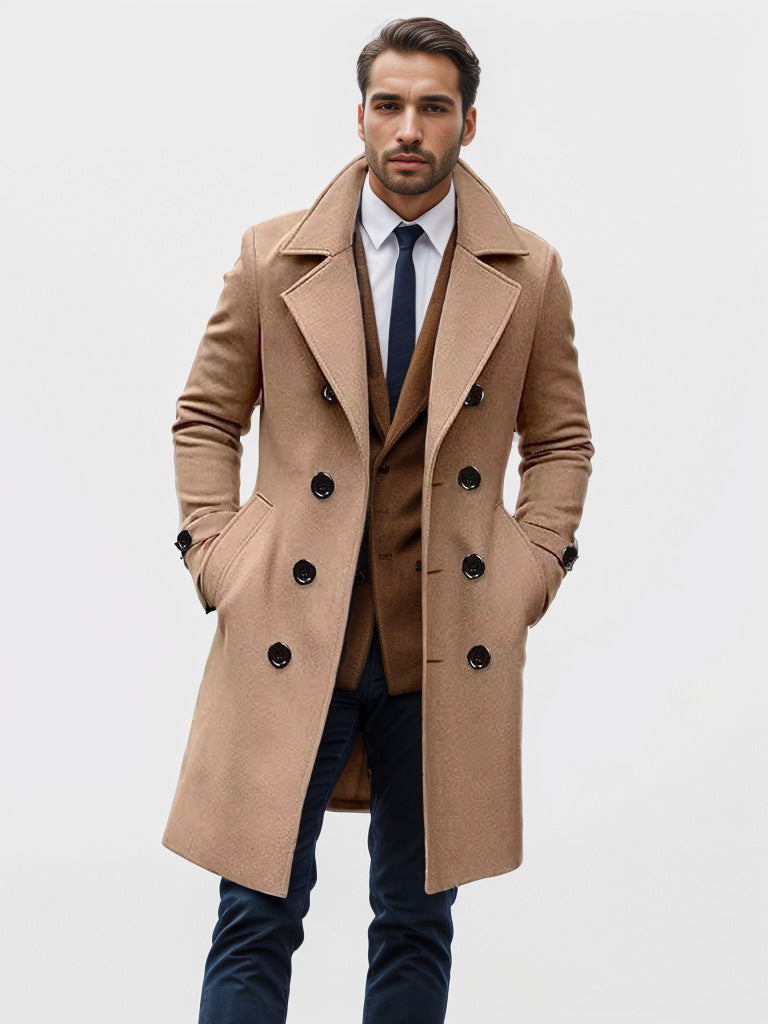 Mid-length Double-breasted Men's Slim-fit Woolen Coat