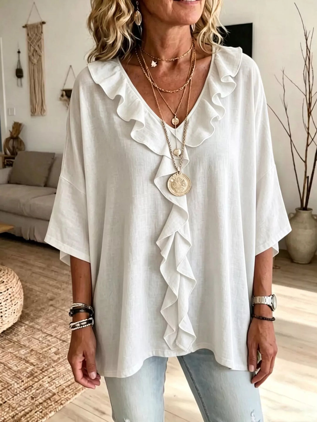 Women's Ruffle V-Neck 3/4 Sleeve Blouse – Plus Size