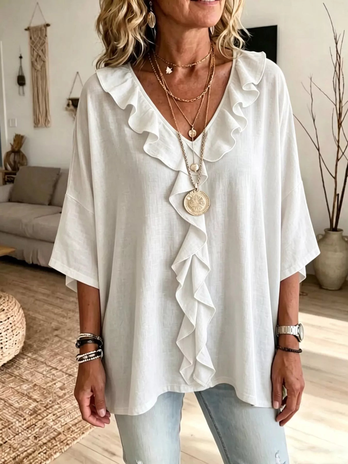 Women's Ruffle V-Neck 3/4 Sleeve Blouse – Plus Size