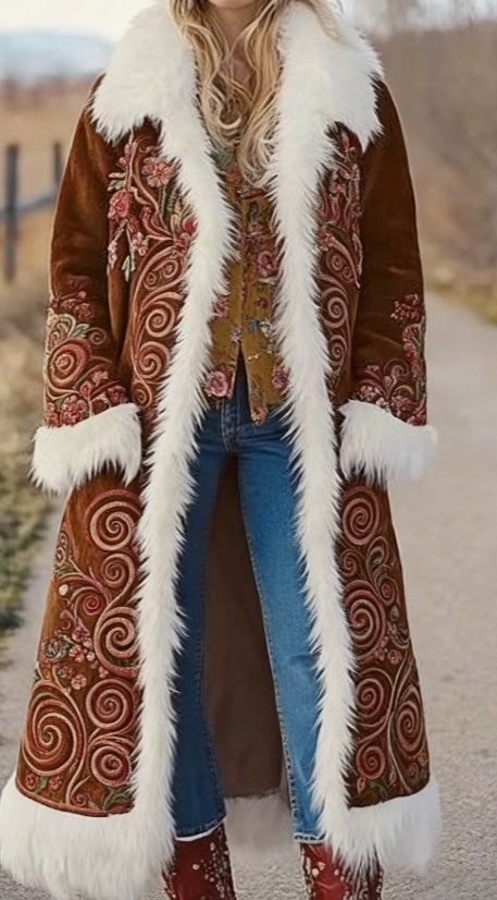 Women's long-sleeve printed coat with white faux-fur trim, brown embroidery, open front