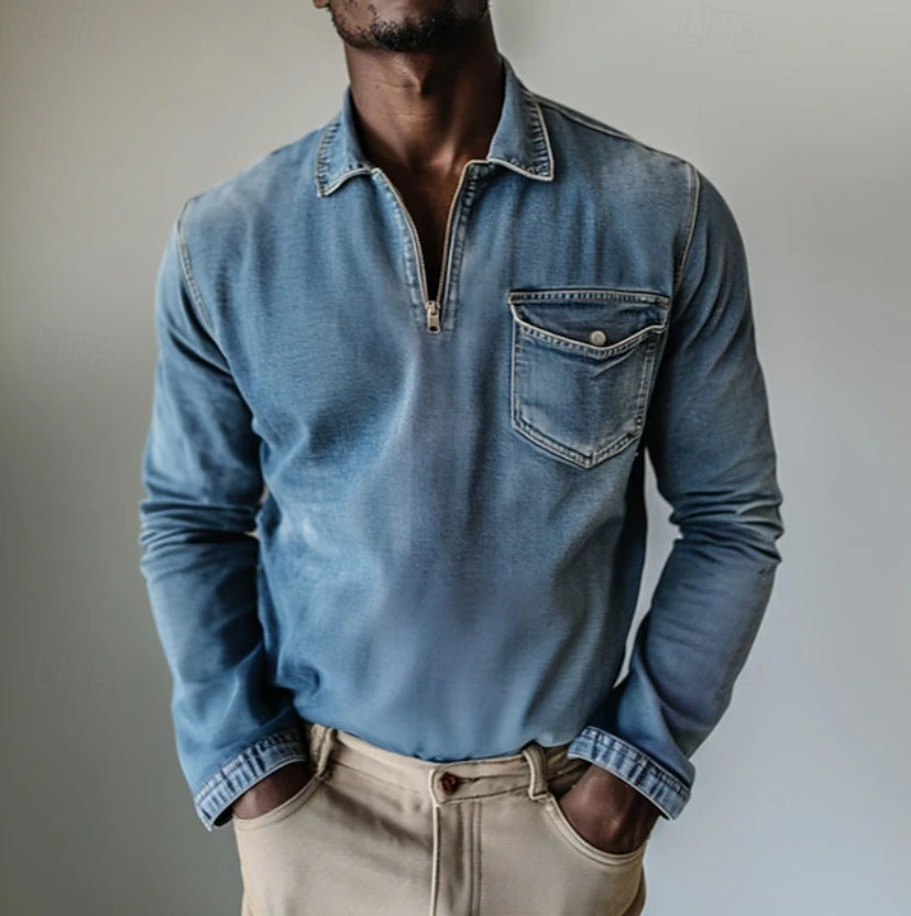 Men's light blue denim half-zip shirt with lapel collar and chest pocket, long sleeves