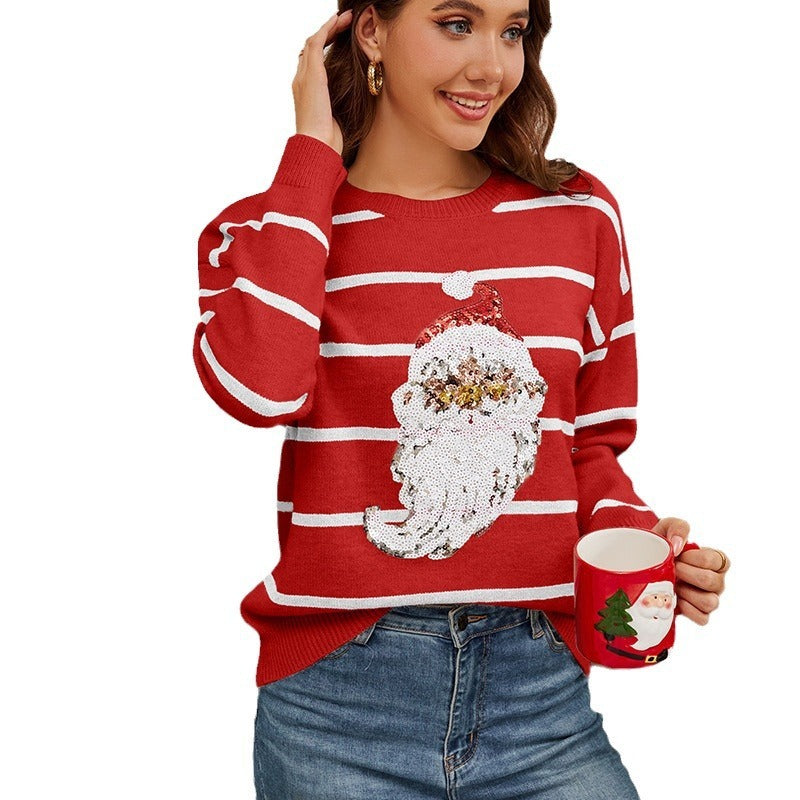 Locker gestrickter, mit Pailletten bestickter Weihnachtsmannpullover