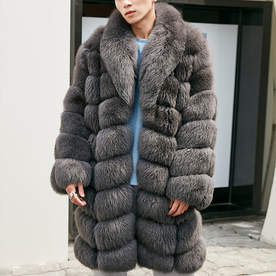 Men's Grey Long Fur-Look Lapel Coat
