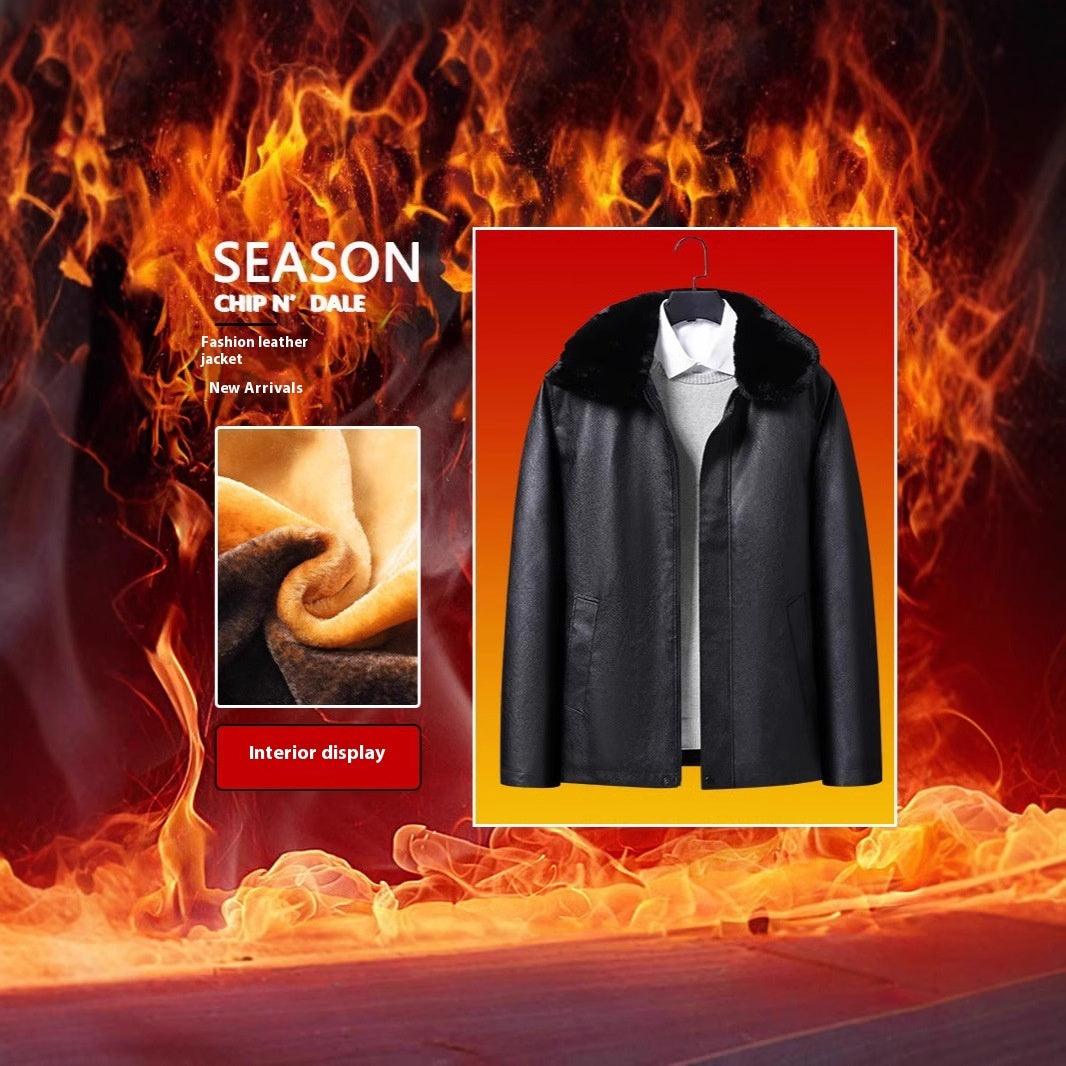 Men’s black leather coat with dark faux-fur hood and front zipper