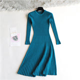 Round Neck Knitted Long Sleeve A- Line Dress Winter Warm Skirt - WOMONA.COM