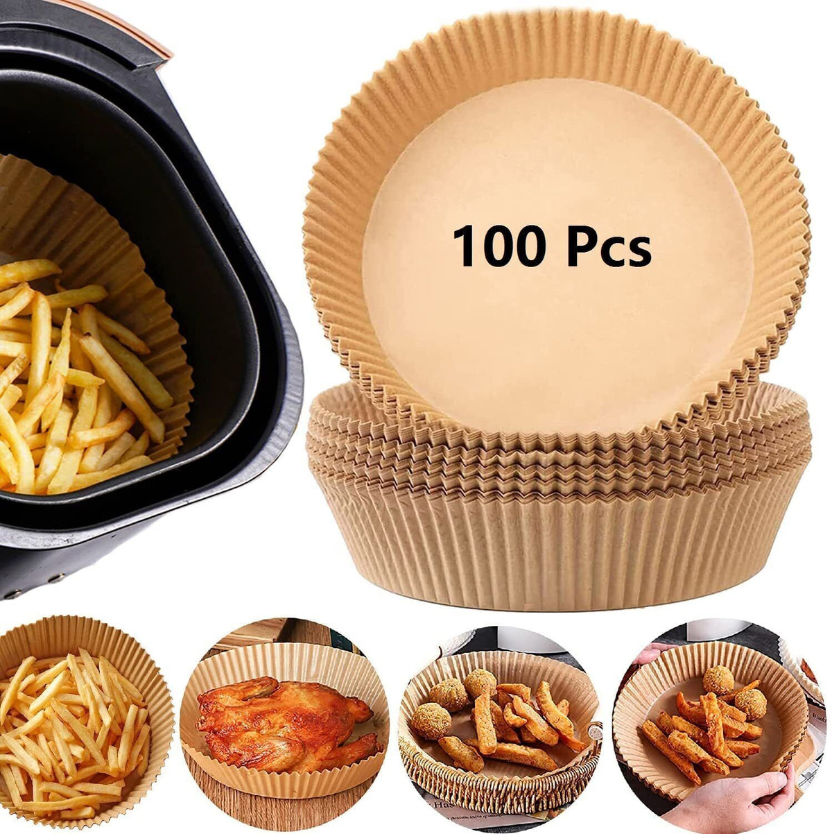 Round tan air fryer disposable paper liners, 100 count, ribbed edges, parchment rounds