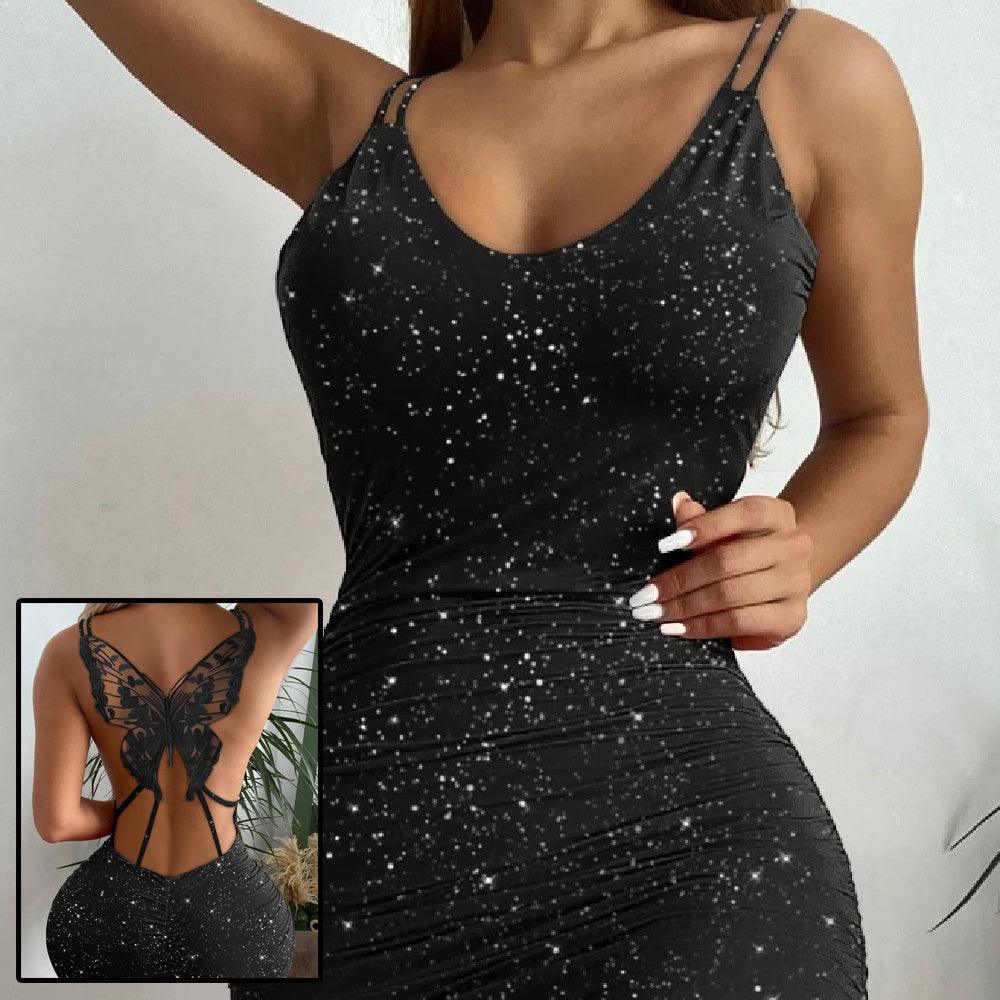 Black bodycon mini dress with spaghetti straps and sparkly speckle print