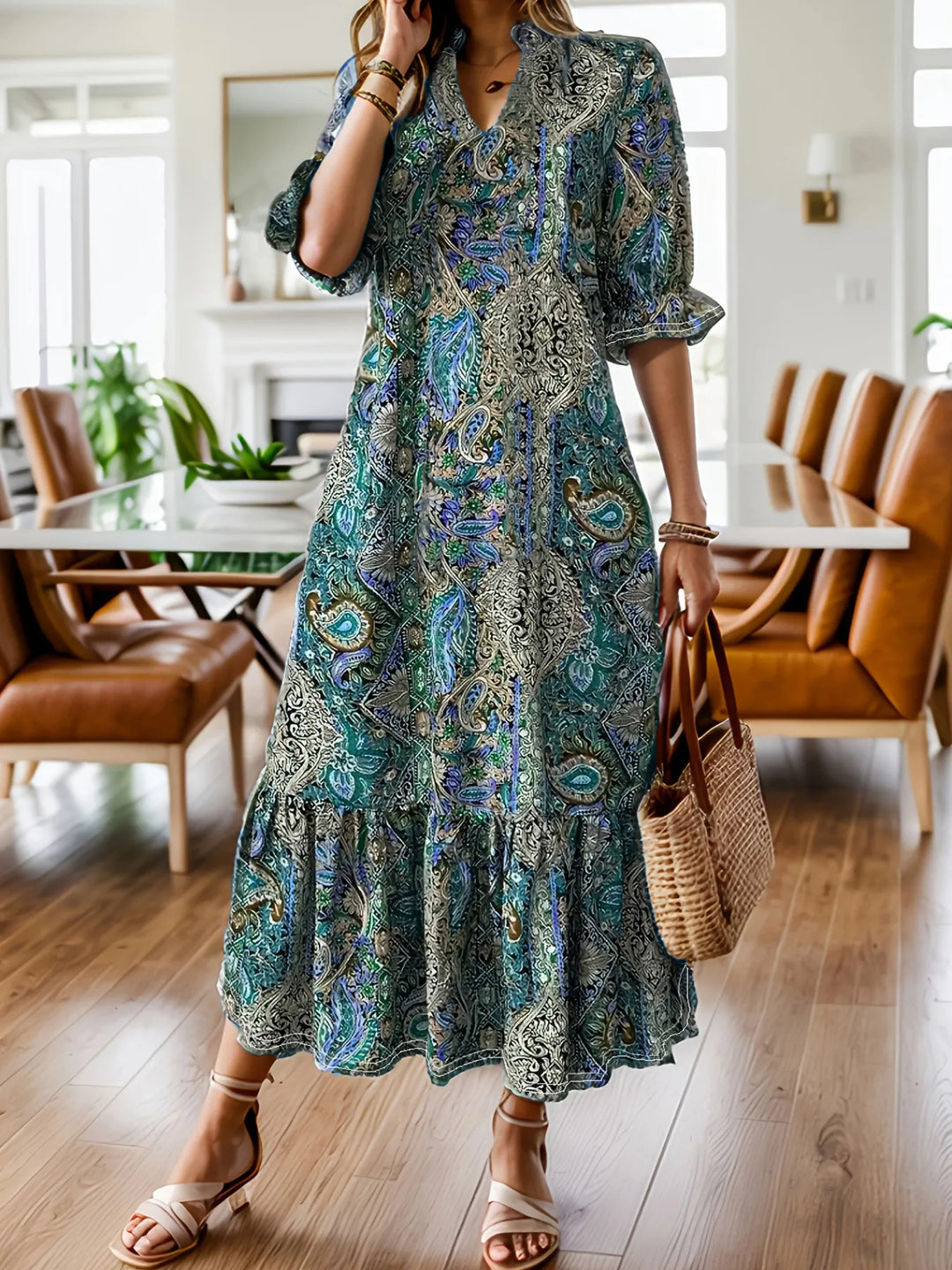 Women's Bohemian Paisley Print Ruffle Hem Midi Dress – Plus Size