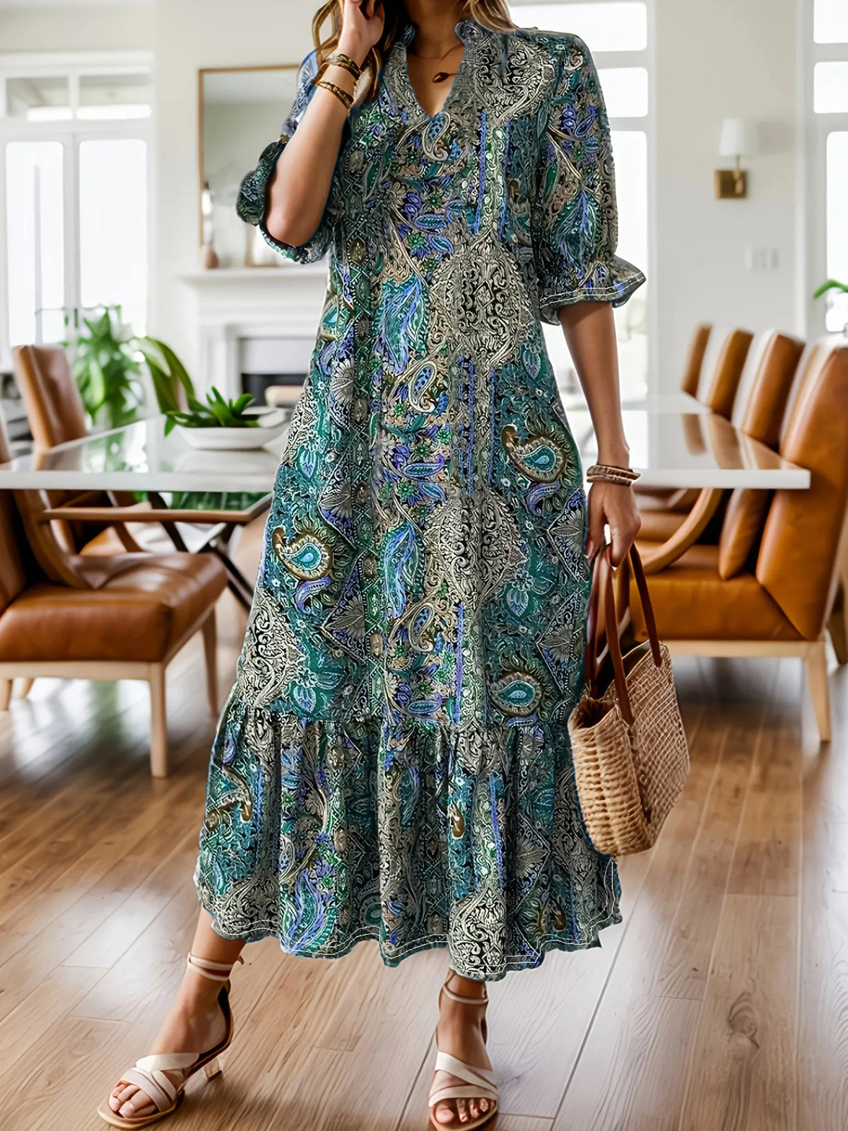Women's Bohemian Paisley Print Ruffle Hem Midi Dress – Plus Size