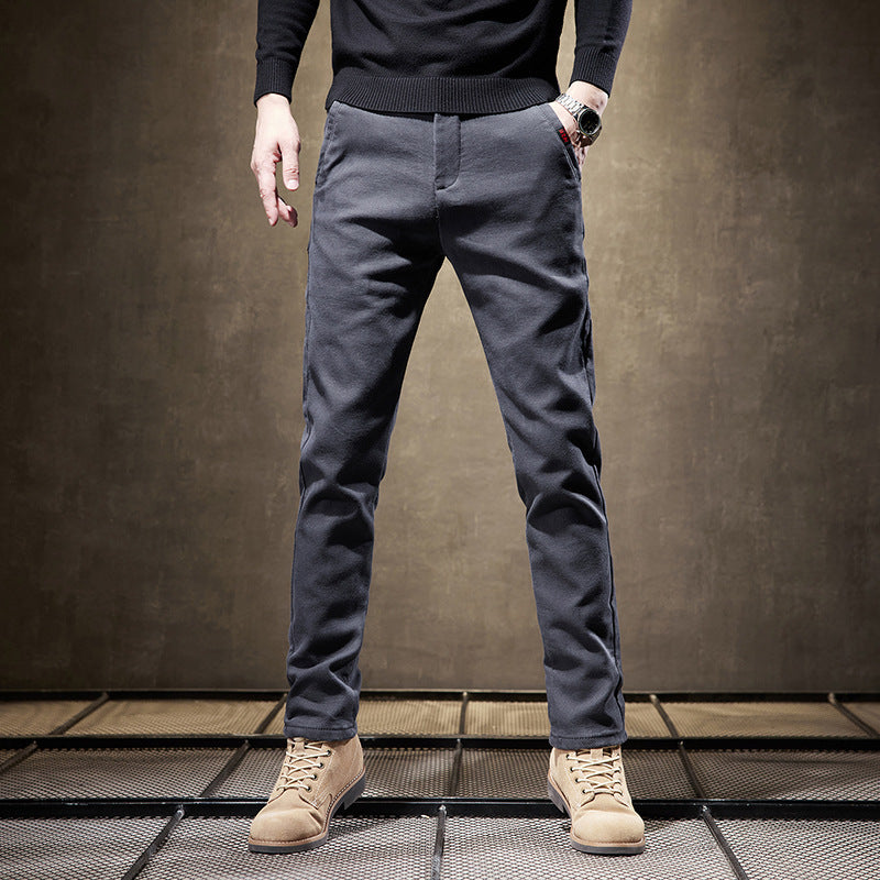 Men's slim-fit straight business trousers in dark black, front button closure and pockets