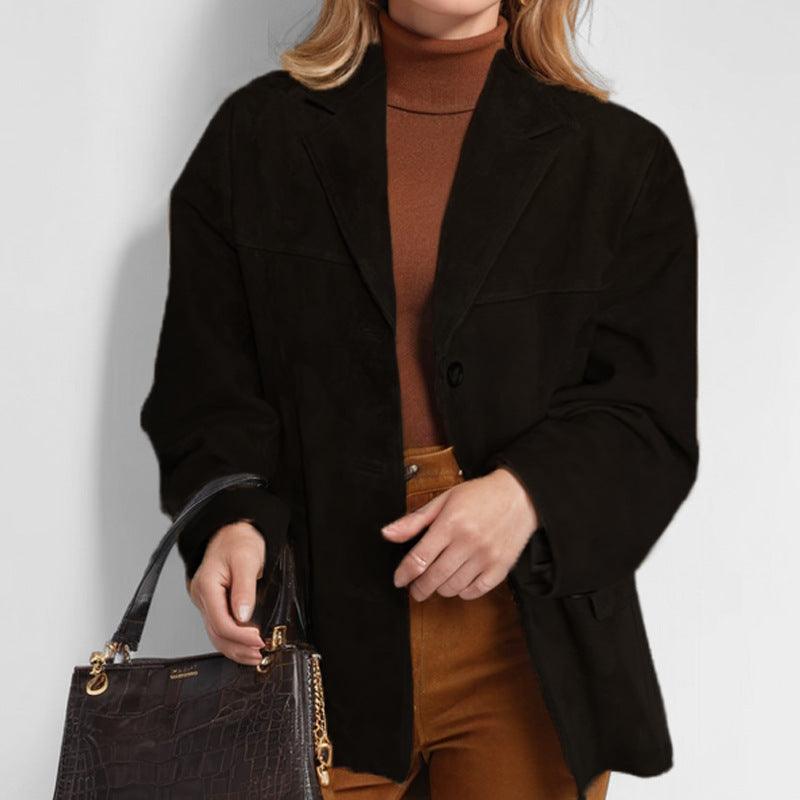 Women's Retro Brown Loose Long Sleeve Jacket - WOMONA.COM