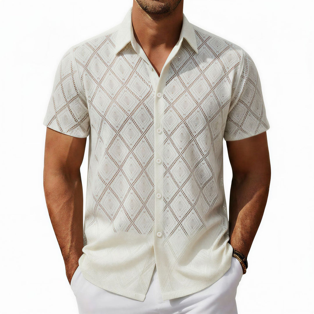 Men's white short-sleeve button-up shirt with diamond pattern and point collar