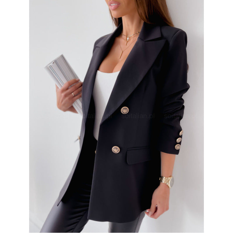 Black double-breasted fashion coat with notched lapels, gold buttons, long sleeves