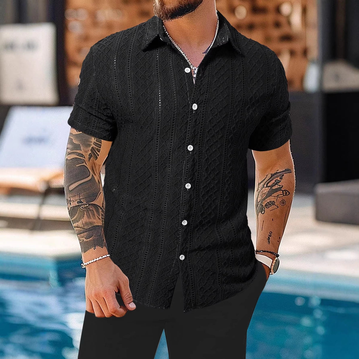 Men's short-sleeve solid lapel button-up shirt in black, vertical textured knit look