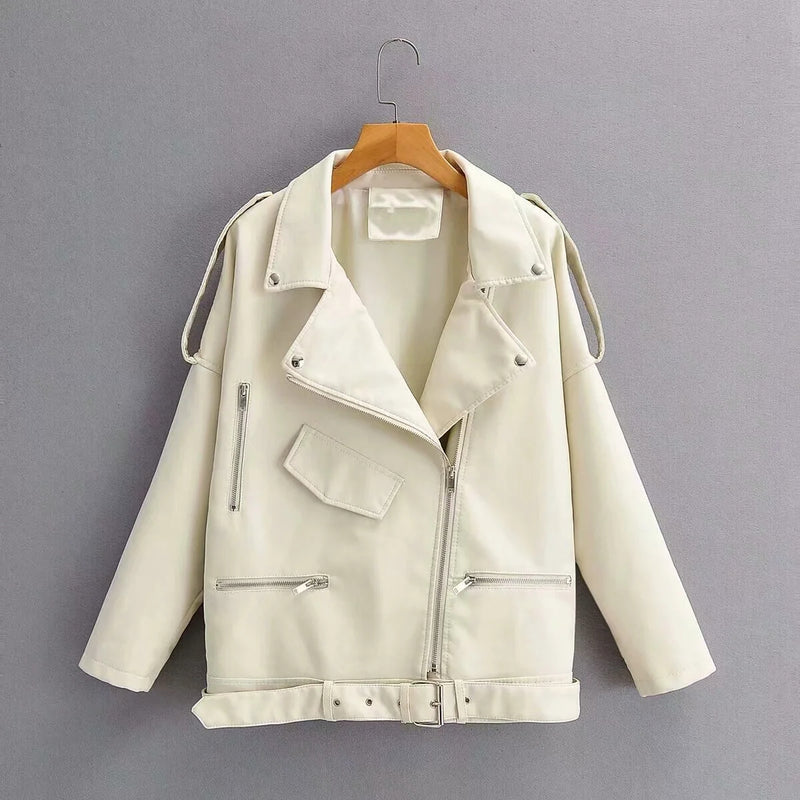 Chain Loose Female PU Leather Jacket Ladies Jacket - WOMONA.COM