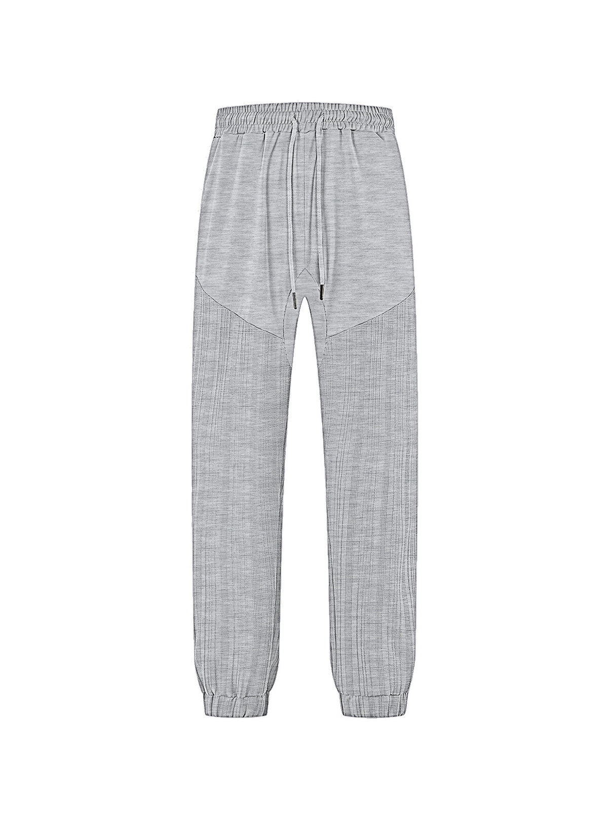 Heather gray jogger sweatpants with elastic waist and drawstring; tapered cuffed legs