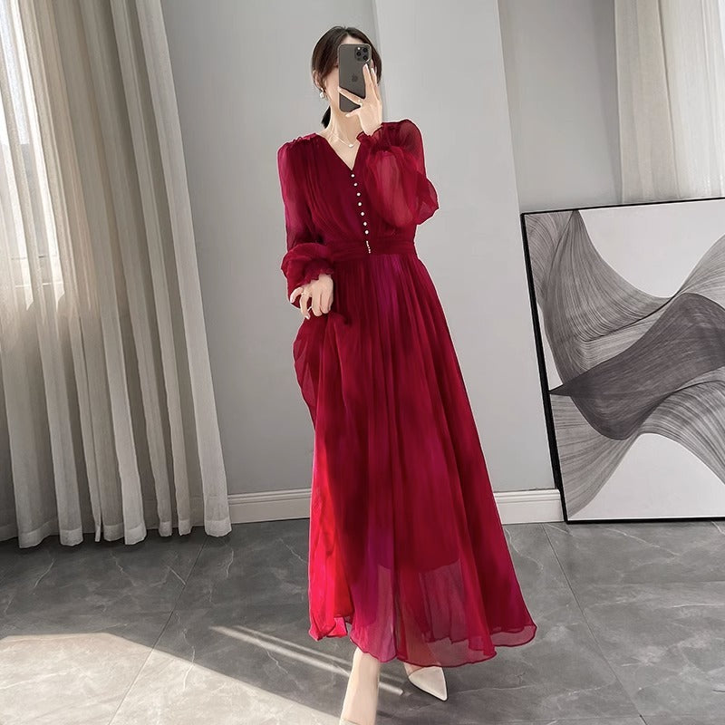 Waist-tight Elegant Lantern Sleeve Beach Vacation Rose Red Dress - WOMONA.COM