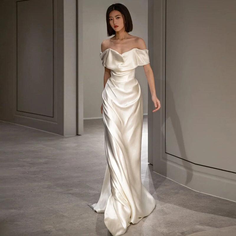 French White Off-shoulder Light Wedding Dress - WOMONA.COM