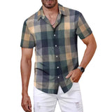 Camisa a cuadros de manga corta para hombre, estilo coreano, color verde