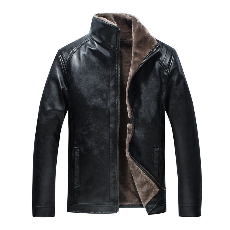 Men's Stand Collar Leather Jacket Plush Leisure - WOMONA.COM