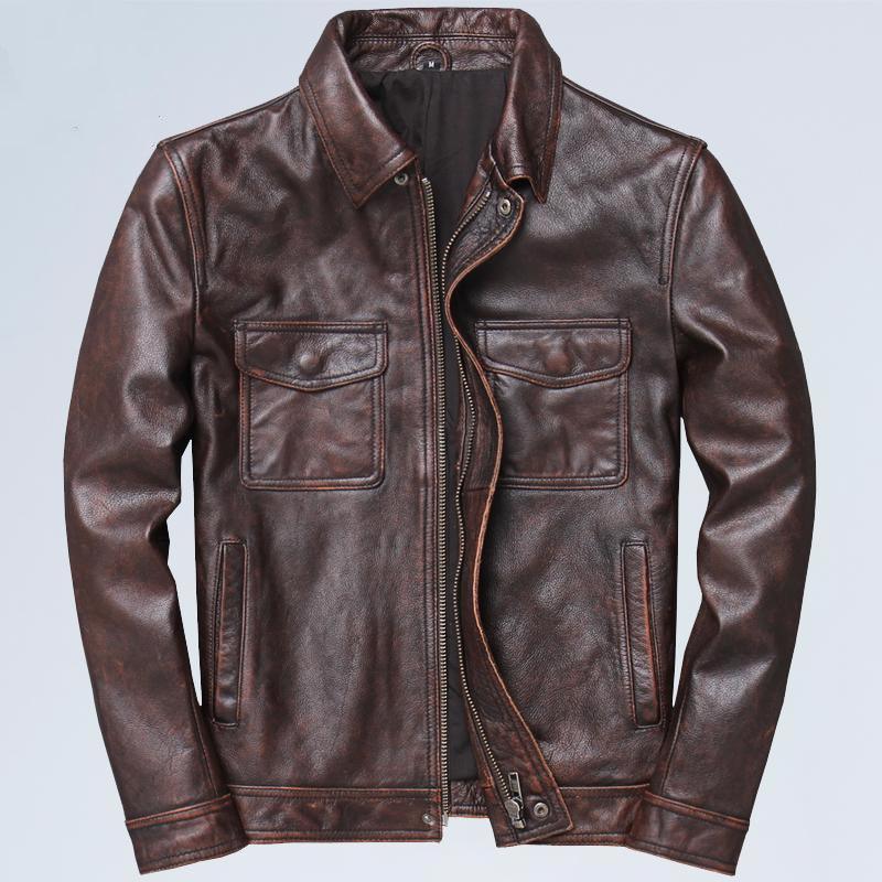 Men's retro leather jacket in brown with front zipper, two chest pockets, and side pockets