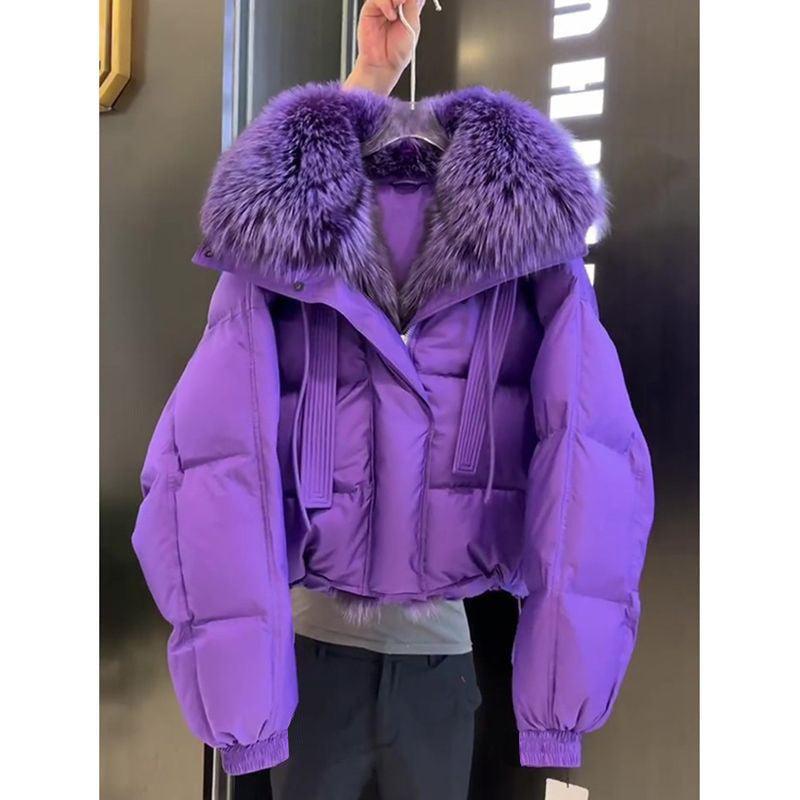 Purple short puffer coat with fur-lined hood and front zip, side pocket detail visible