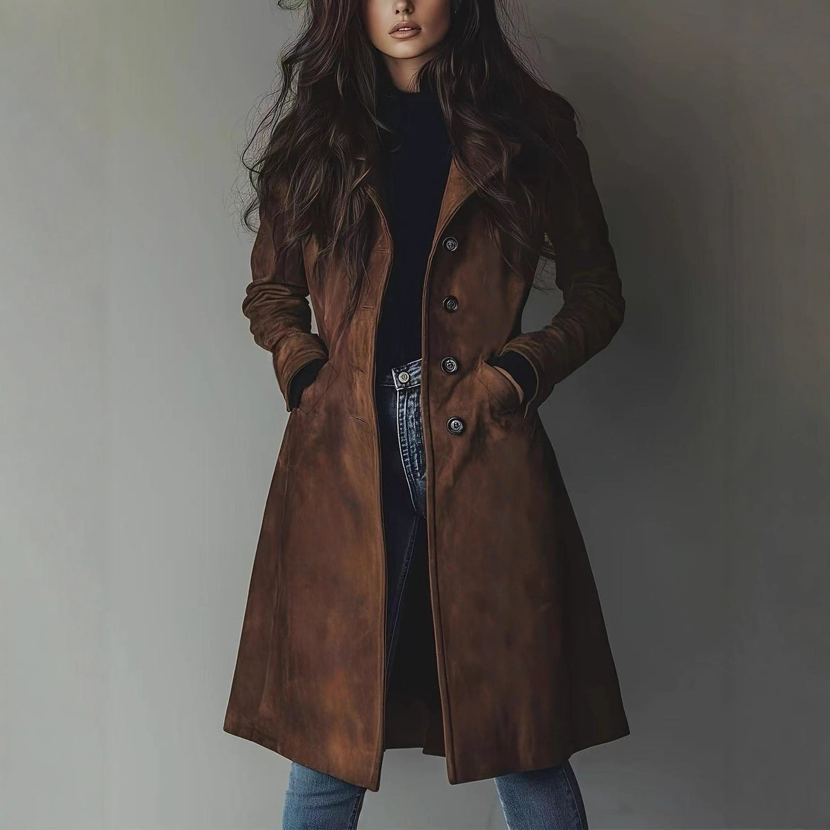 Women's dark brown suede-effect long trench coat