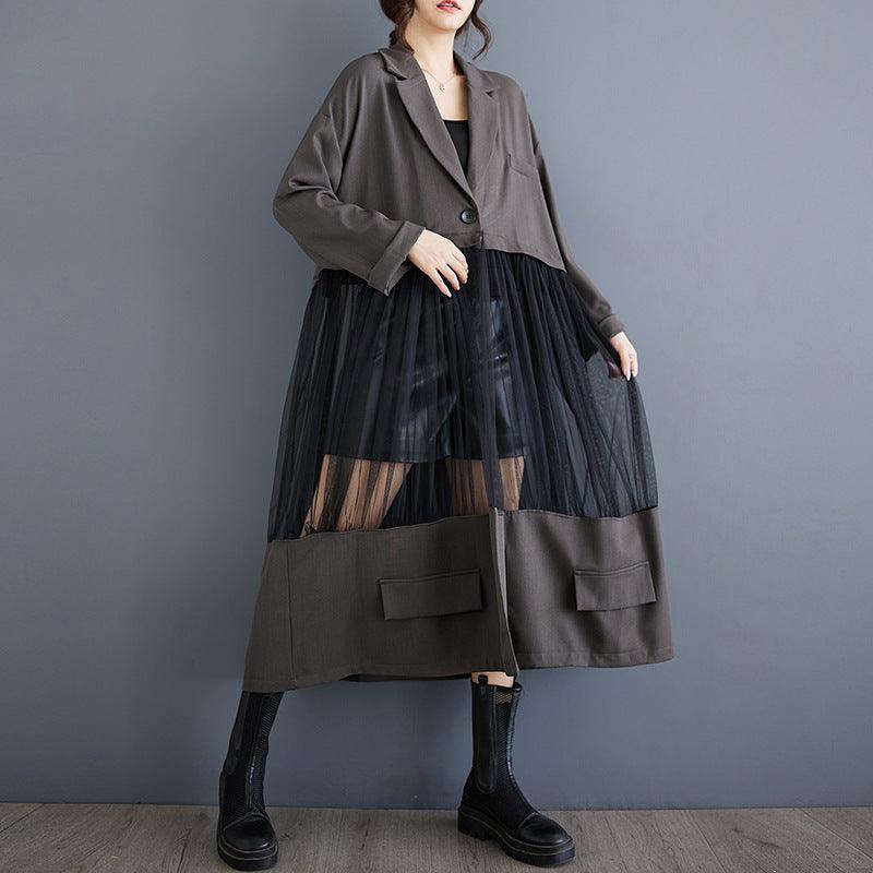 A-line patchwork mesh skirt in coffee gray with dark sheer panels and front pockets