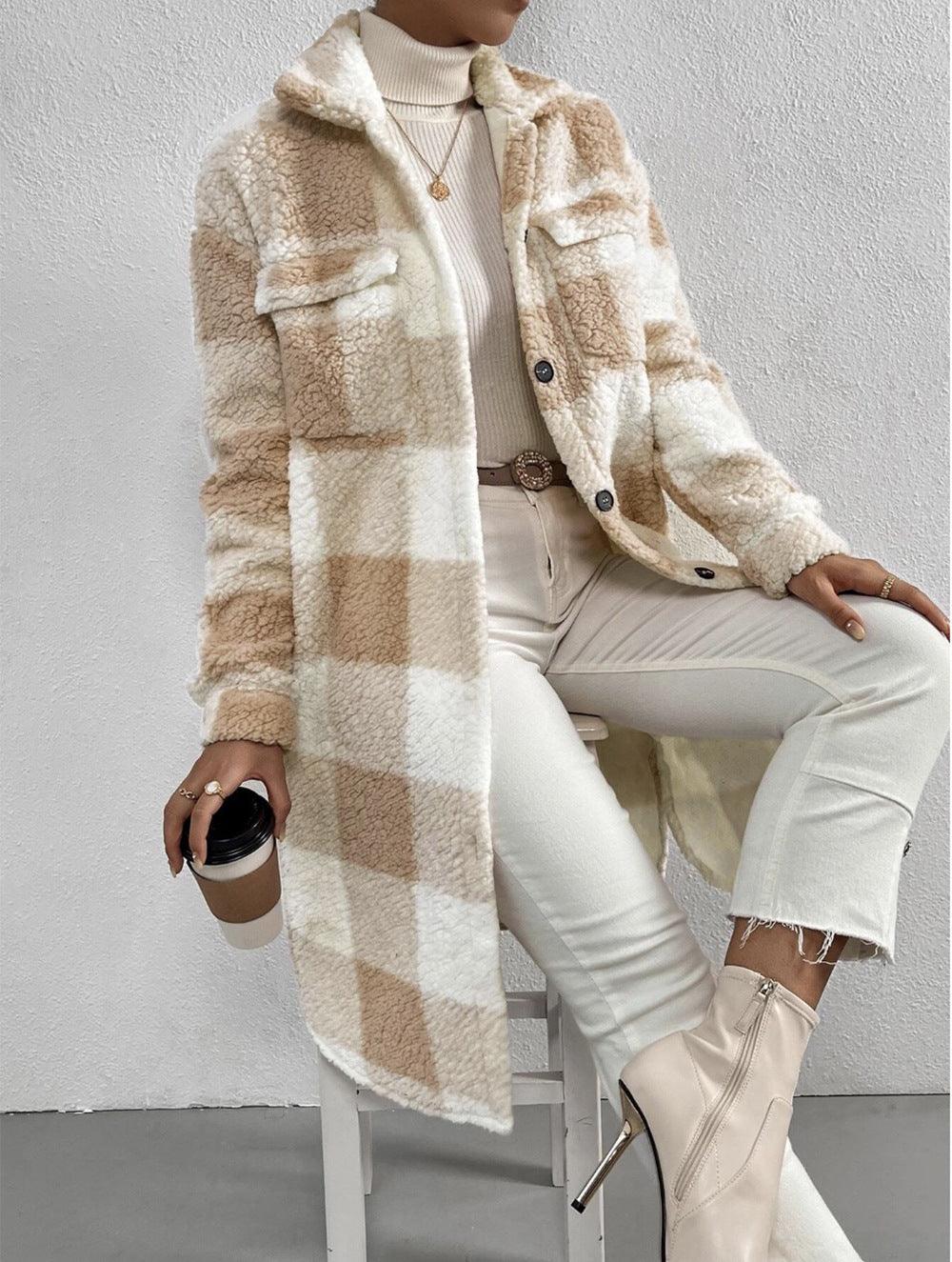Apricot and white plaid plush coat with lapel, button front, and long loose sleeves