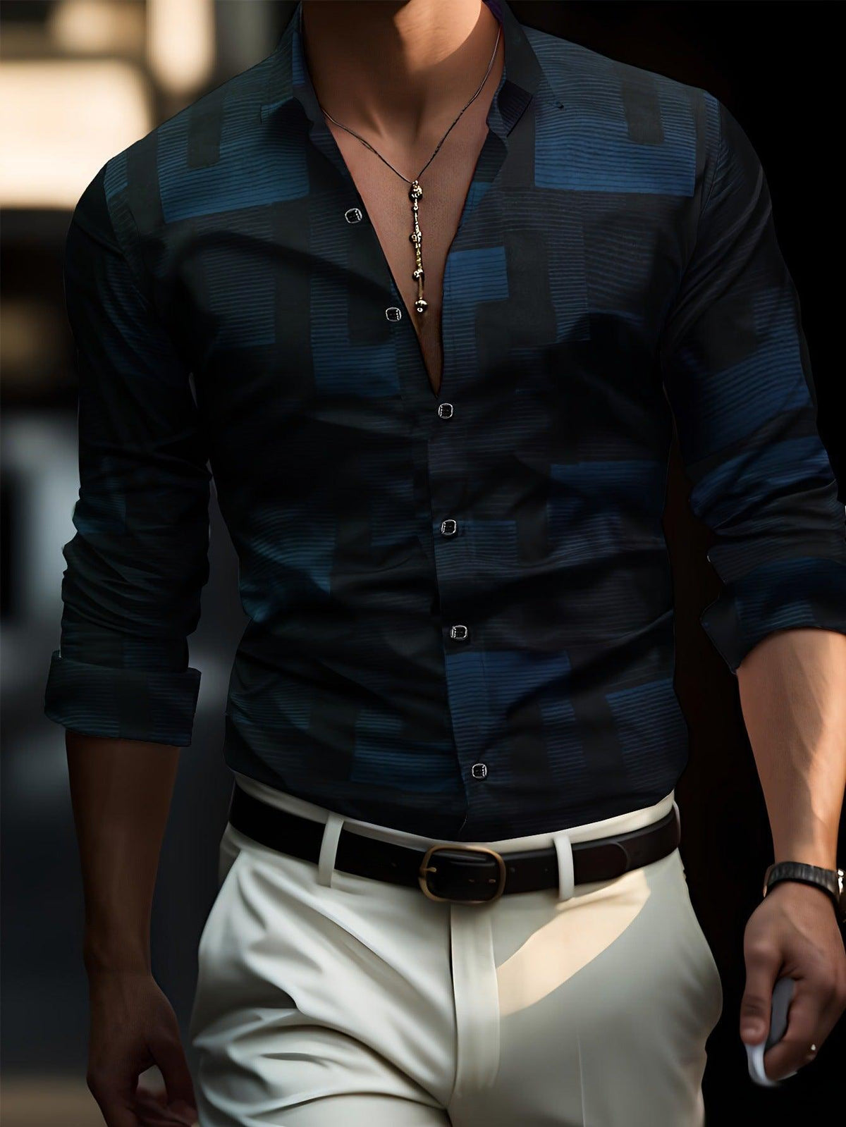 Men's button-up dress shirt with long sleeves, blue geometric square pattern.