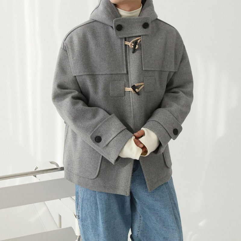 Loose Horn Button Short Woolen Overcoat - WOMONA.COM