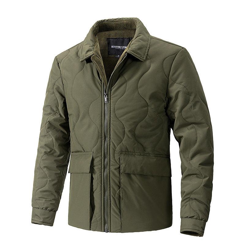 Youth casual zip-up jacket in army green with stand collar and patch pocket detail