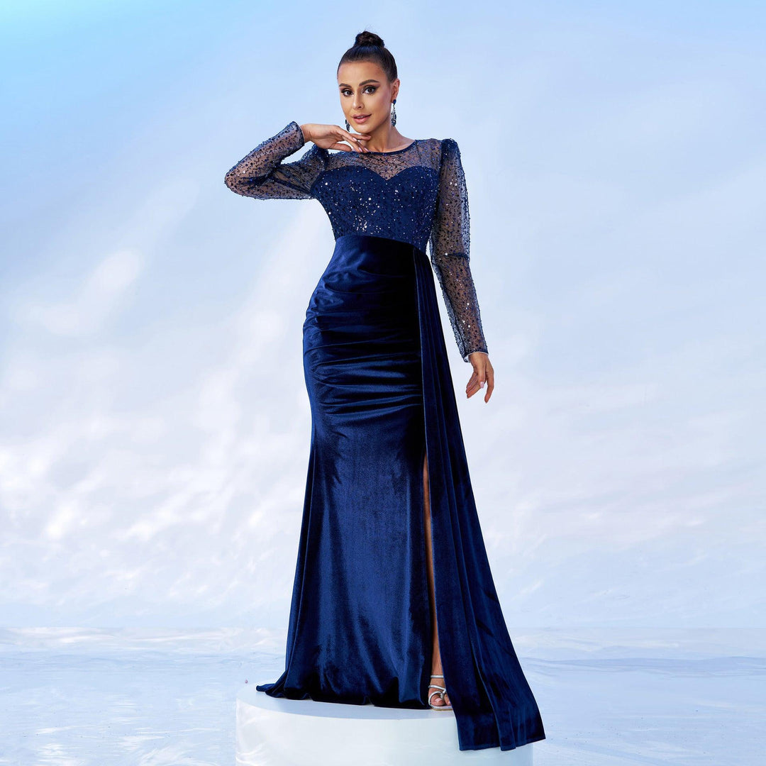Blue sequin mesh velvet fishtail evening dress with long sleeves and slit