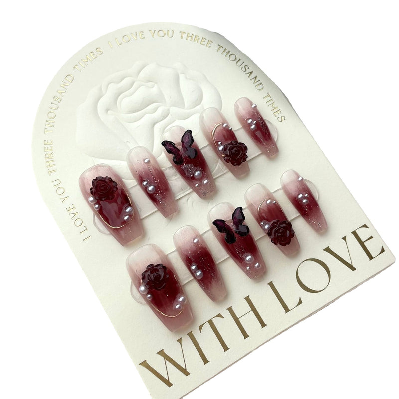 Wine Red Camellia Butterfly Fake Nails - WOMONA.COM