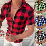 Plaid T Shirt Mens Zipper Short Sleeve Shirts - WOMONA.COM