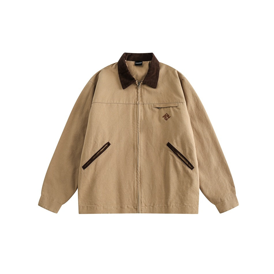Men's Washed Cotton Contrast-Collar Work Jacket, Light Brown - product view 3