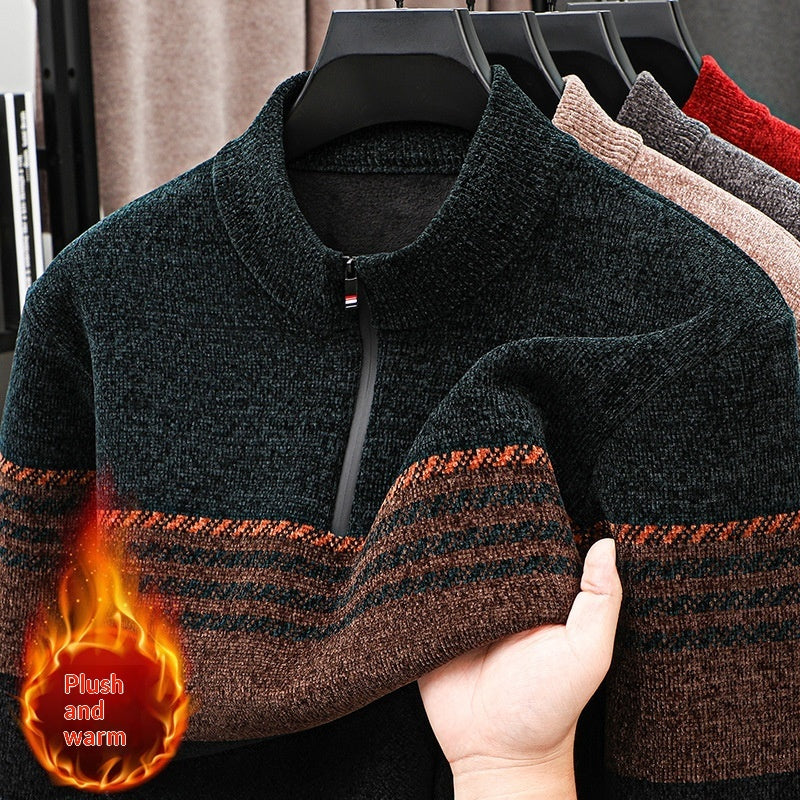 Men's Striped Fleece-Lined Half-Zip Sweater, Dark Green - product view 7