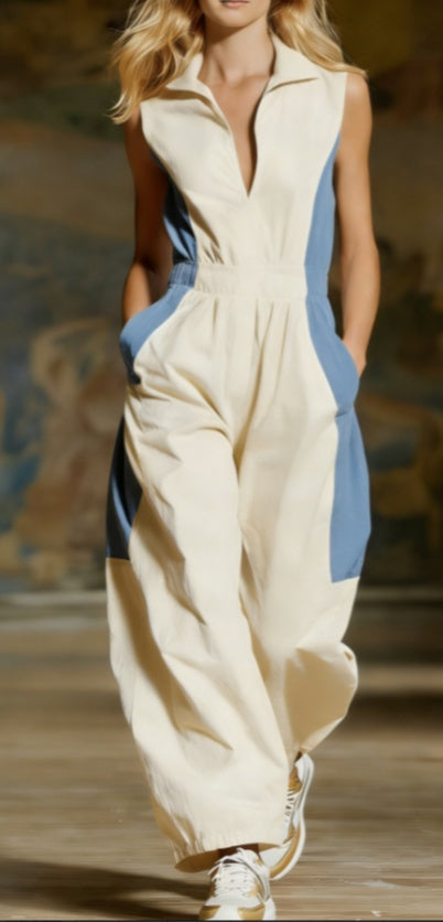 Sleeveless waisted wide-leg jumpsuit with white base and blue side panels, front view