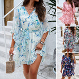 Summer Floral Print Short Sleeves Dress - WOMONA.COM