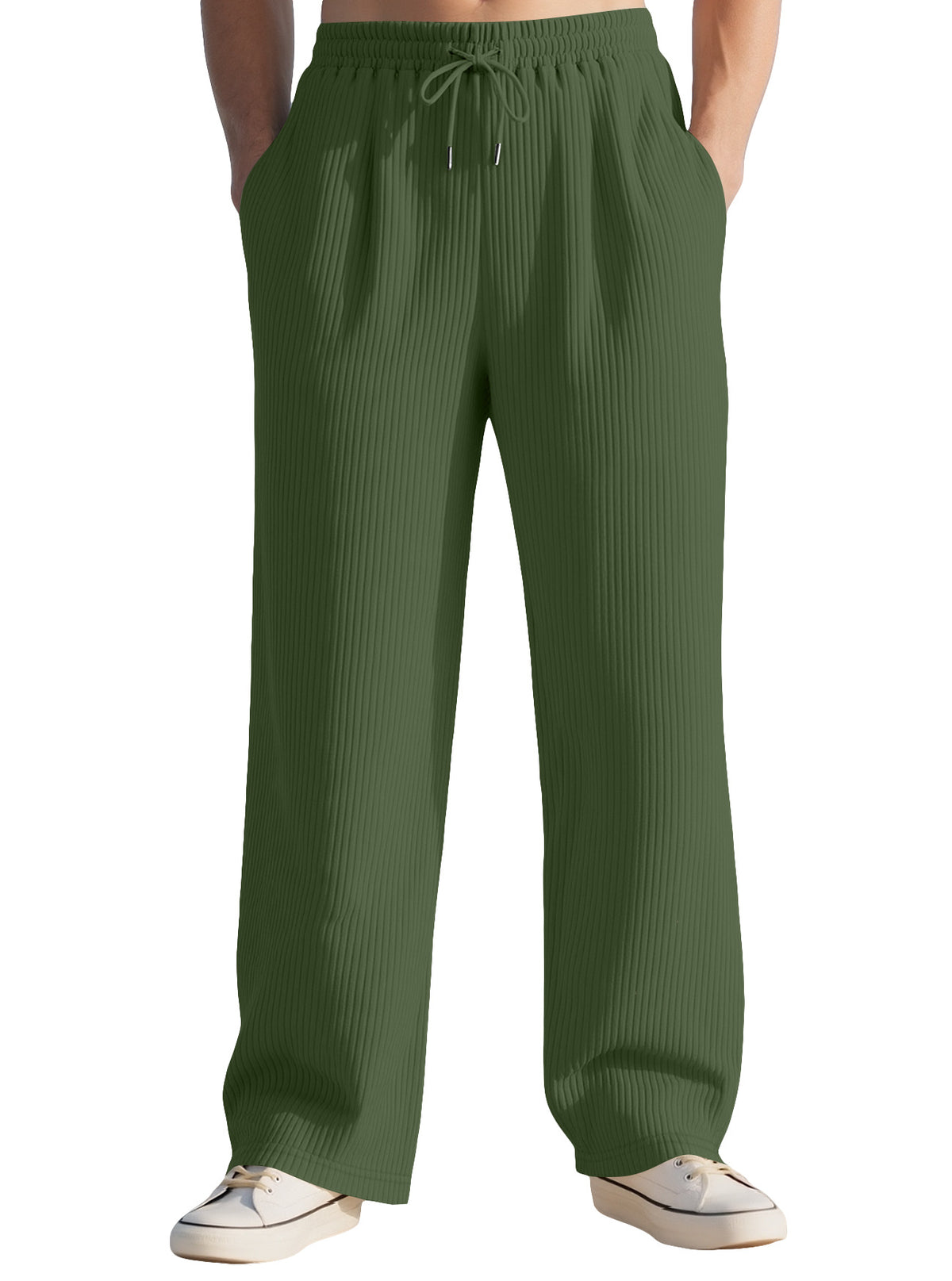 Army green wide-leg sports sweatpants with elastic waistband and adjustable drawstring.