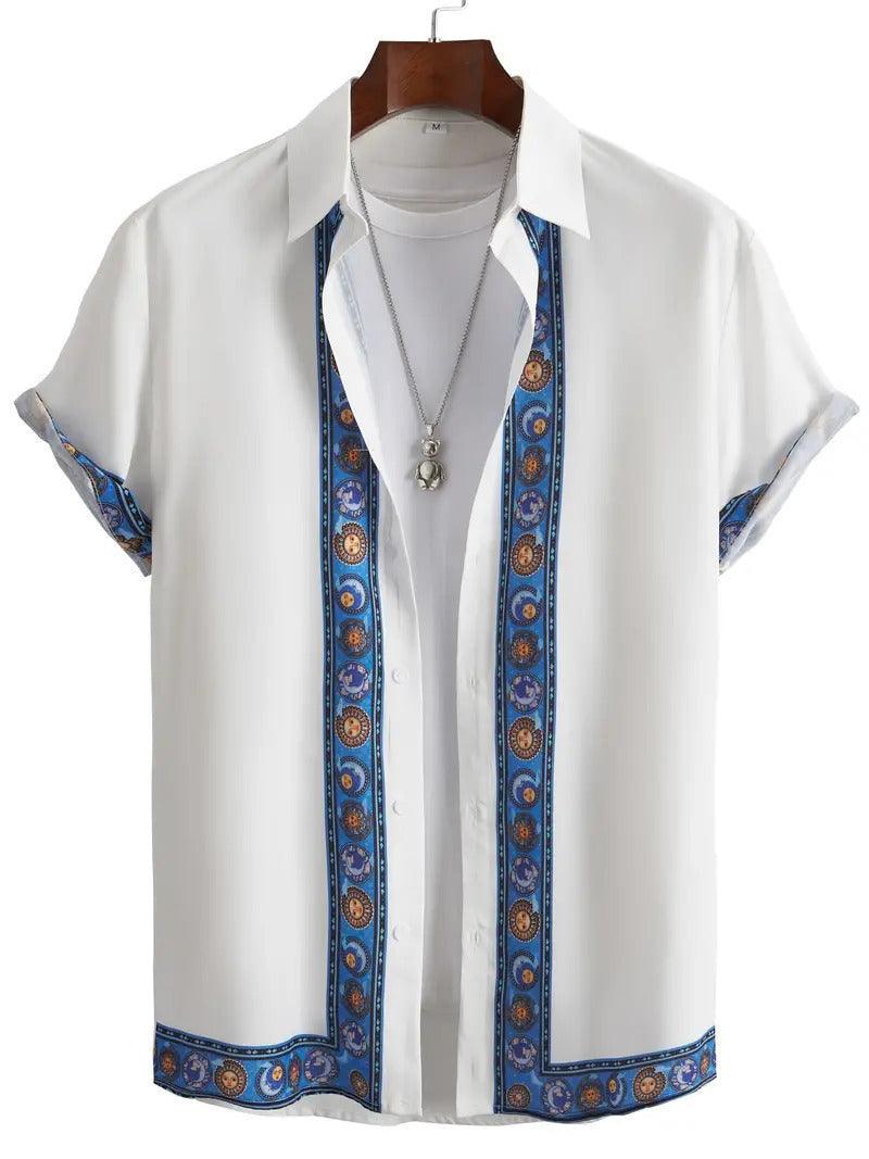 Short sleeve shirt, white with blue decorative border along placket and sleeves